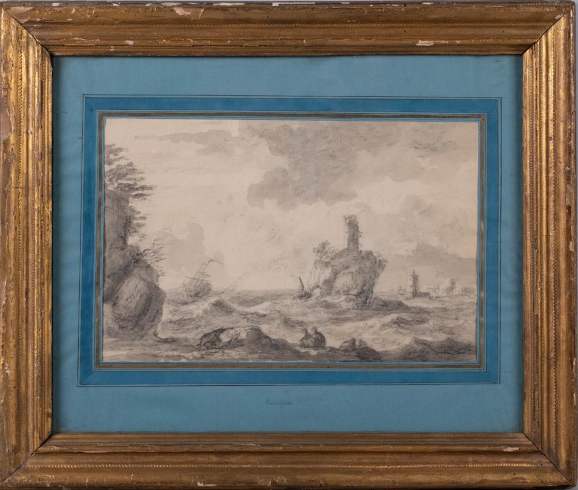 STORMY COASTLINE WITH FIGURES IN THE FOREGROUND AND SHIPS ON THE HORIZON by Dutch School