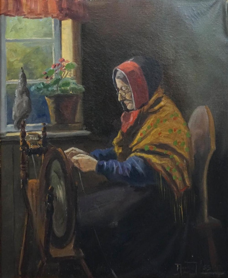 WOMAN AT SPINNING WHEEL by Russian School