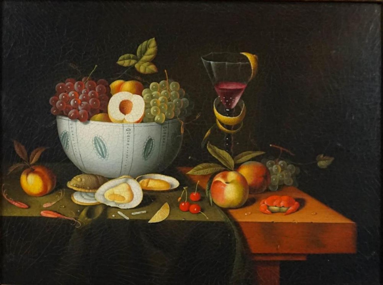 STILL LIFE WITH BOWL OF FRUIT, GLASS OF WINE, SHRIMP, OYSTERS AND CRAB by Dutch School
