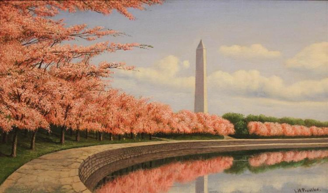 THE TIDAL BASIN WITH THE MONUMENT AND CHERRY BLOSSOMS by Levi Wells Prentice
