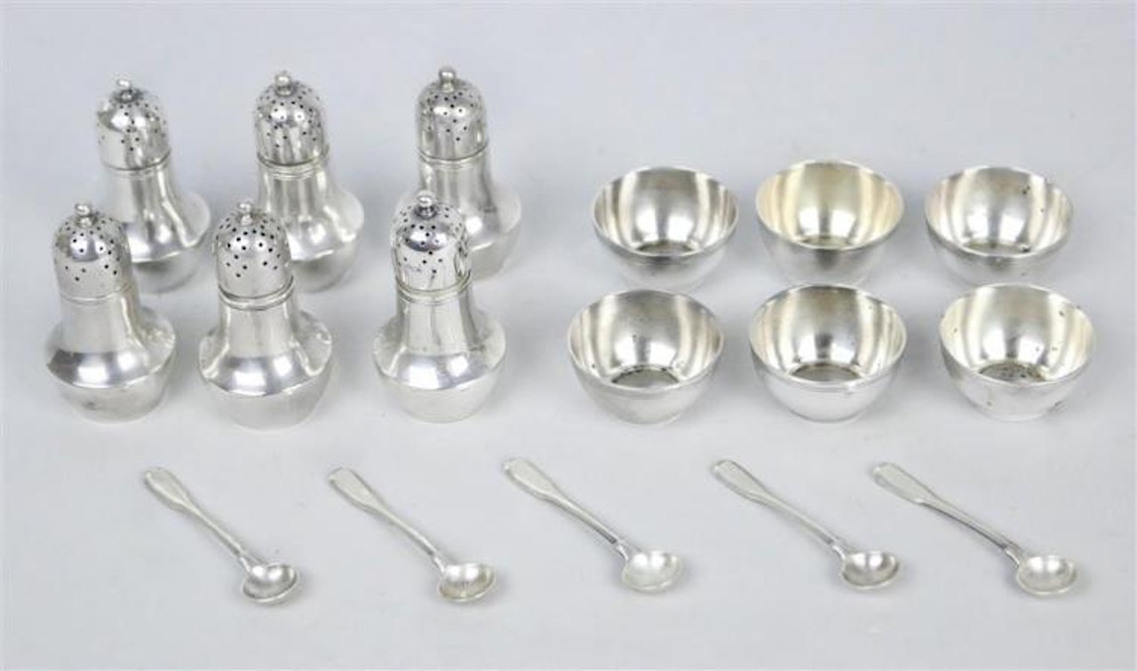 SIX SETS OF TIFFANY STERLING PEPPER CASTERS AND SALT CELLARS WITH SPOONS by Tiffany & Co.