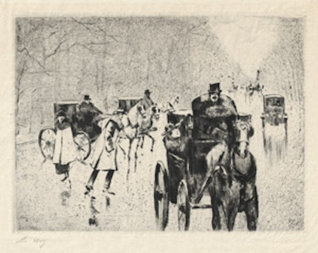 Wintry zoo alley with horse-drawn cabs by Lesser Ury