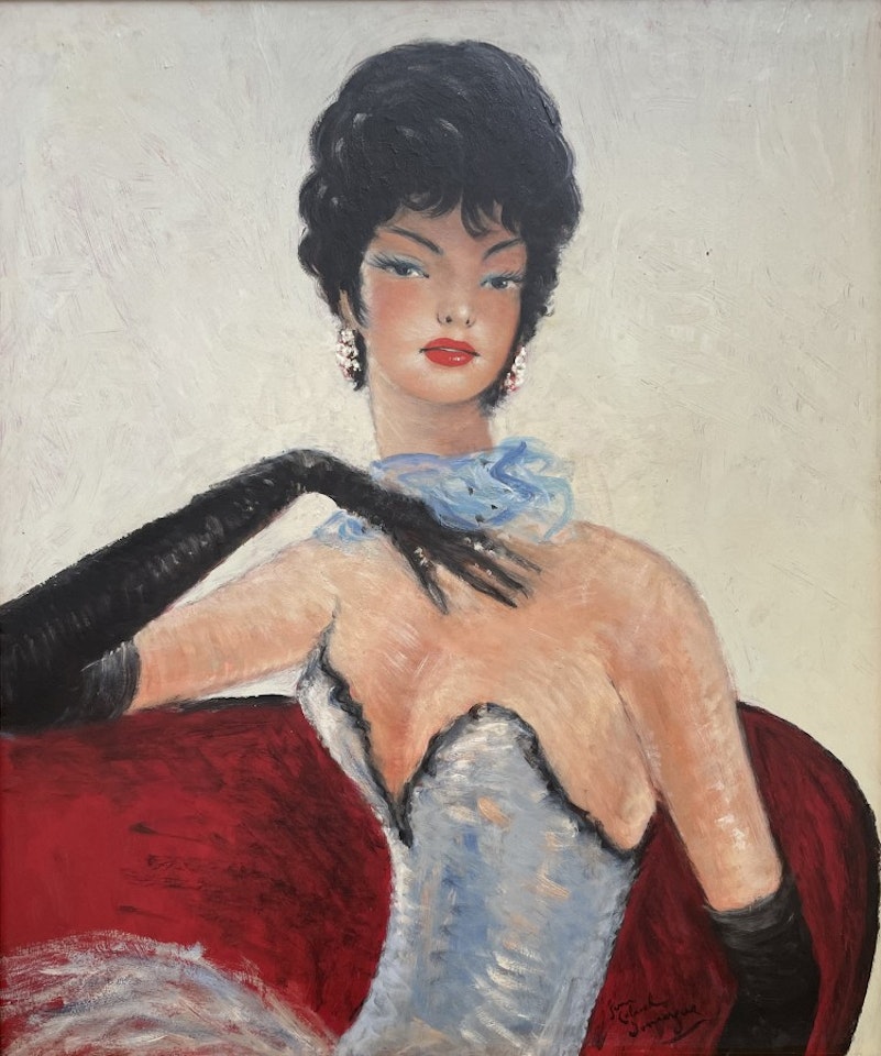 Elegant woman in a blue dress by Jean Gabriel Domergue