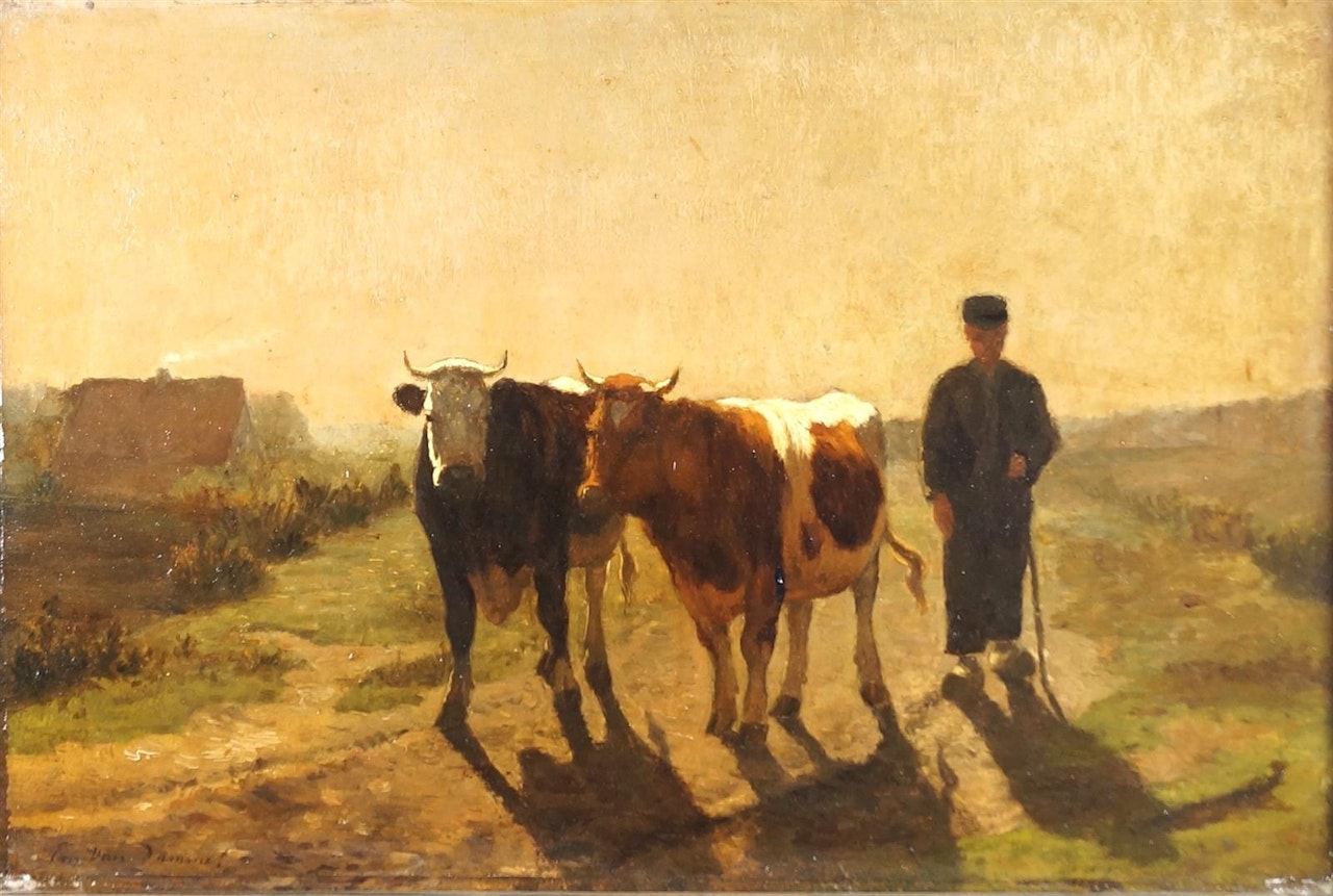 "The return of the cows to the farm, setting sun" by Dutch School