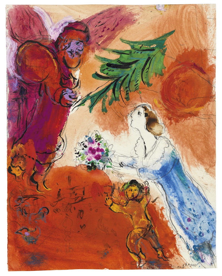 Le père Noël sur fond rouge à la rencontre de Bella by Marc Chagall