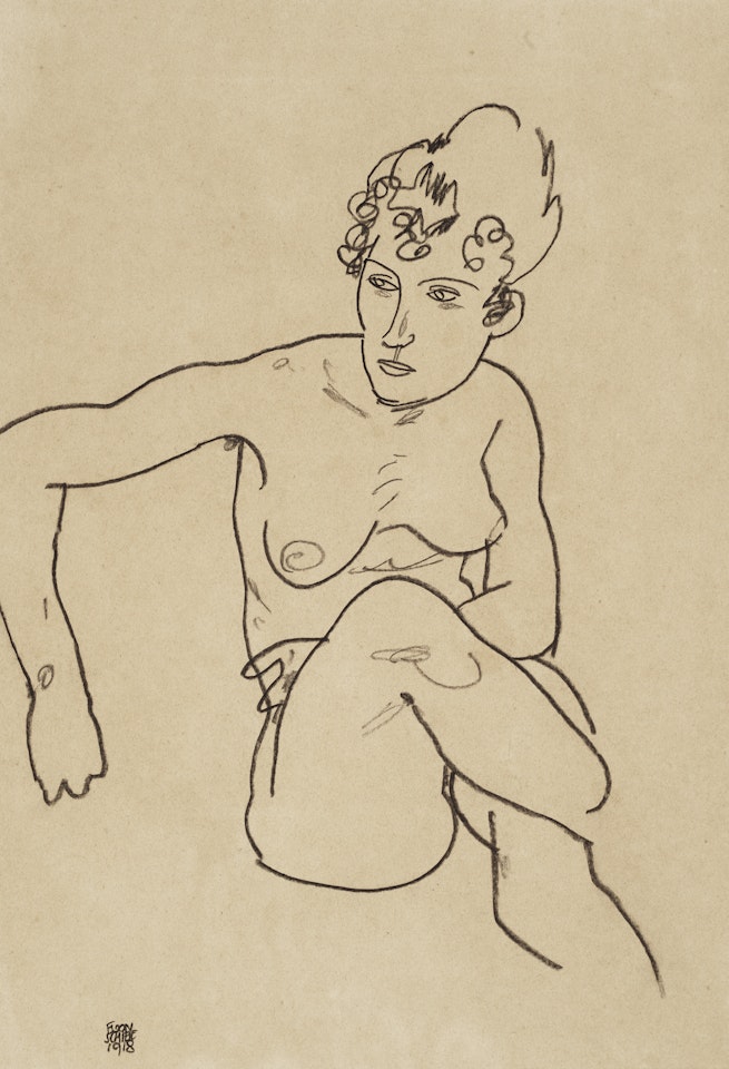Sitzender weiblicher Akt von vorn by Egon Schiele