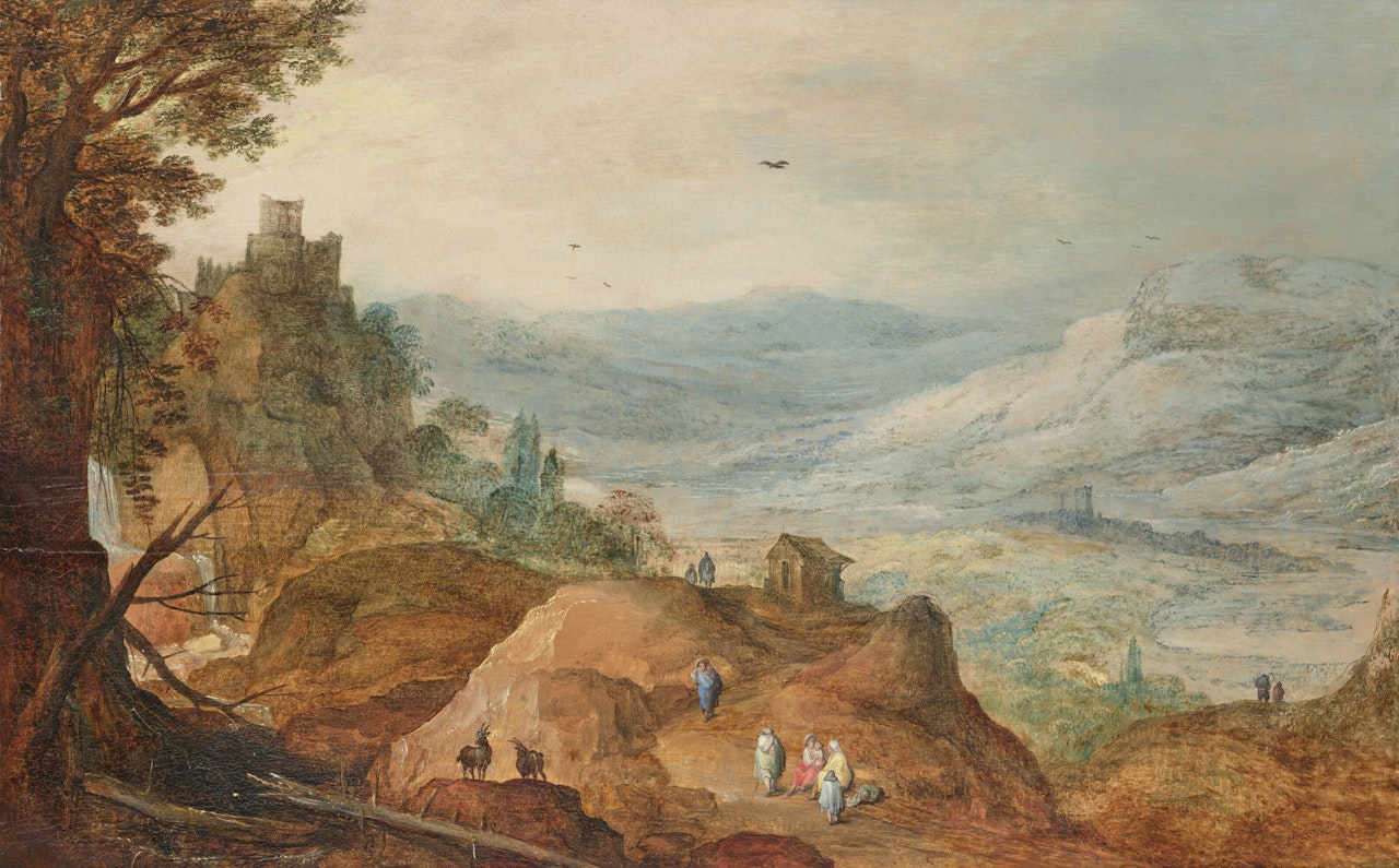 Vue d"un paysage montagneux avec deux chèvres sur un col by Joos de Momper the Younger