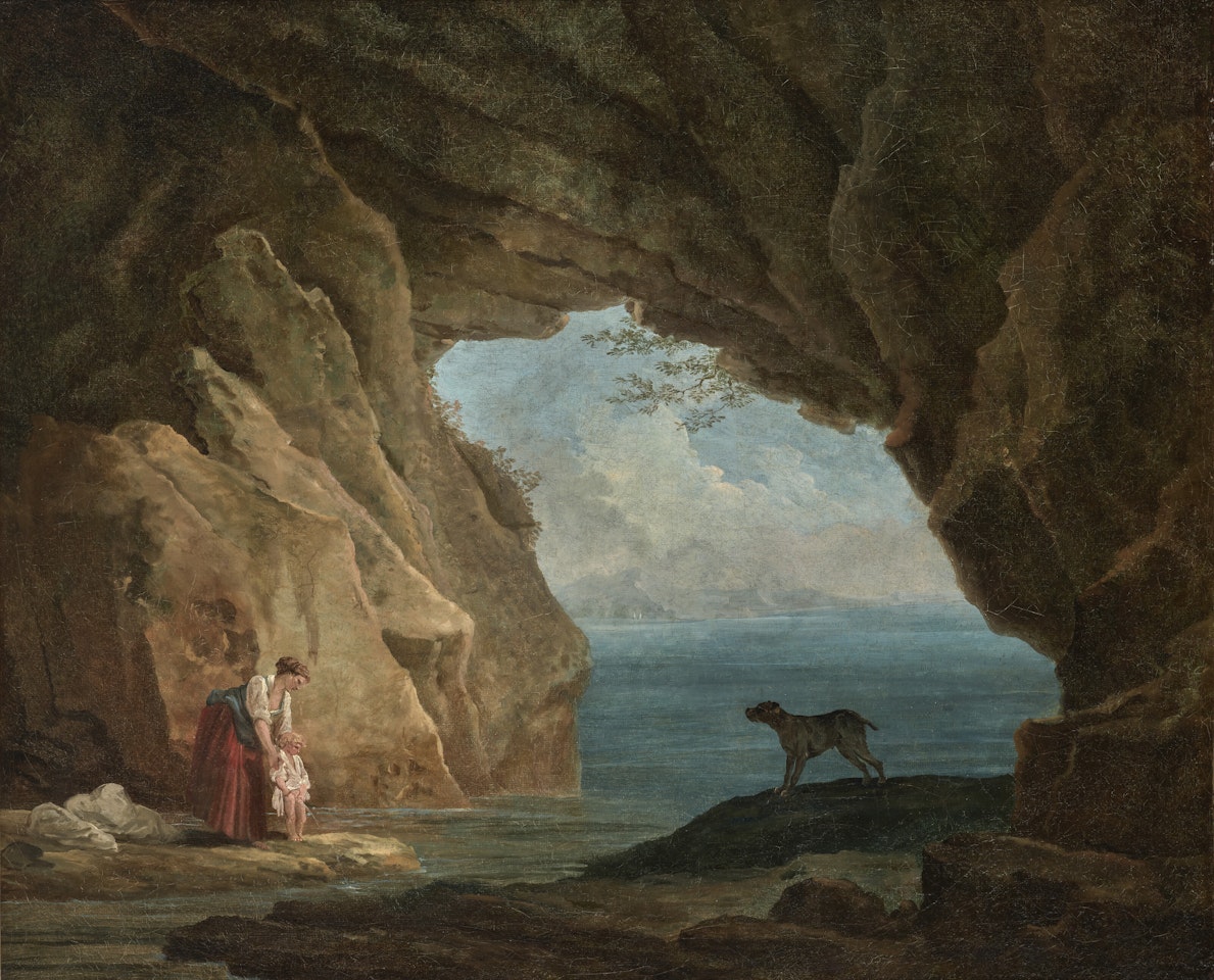 Vue d"une grotte avec une mère et son enfant by Hubert Robert