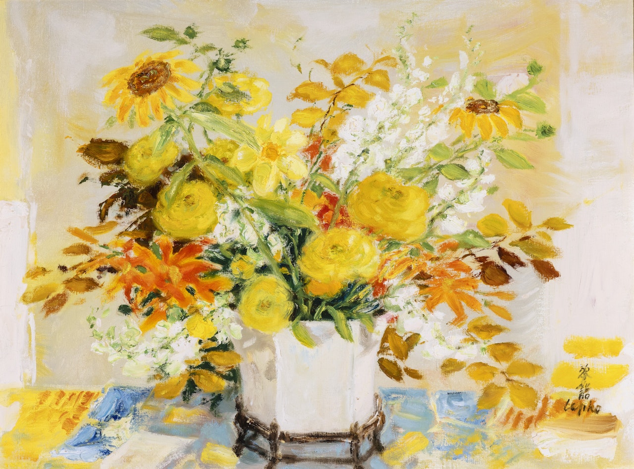 Les tournesols et les roses d"inde (Sunflowers and Indian Roses) by Le Pho