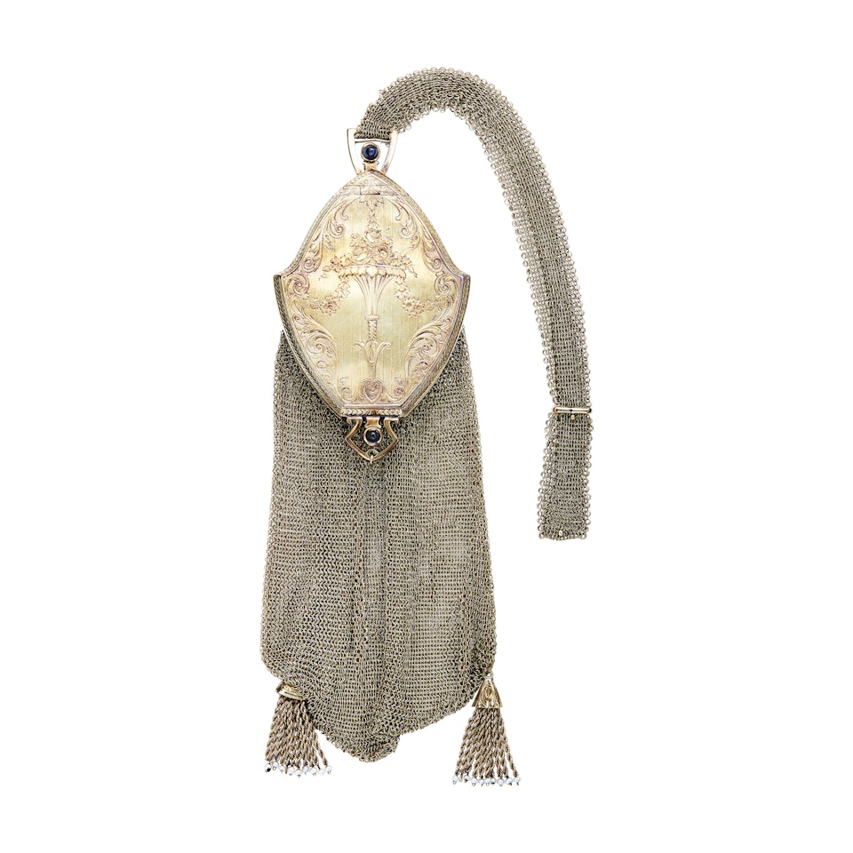 ANTIQUE GOLD MESH, SAPPHIRE, AND SEED PEARL EVENING BAG by Tiffany & Co.