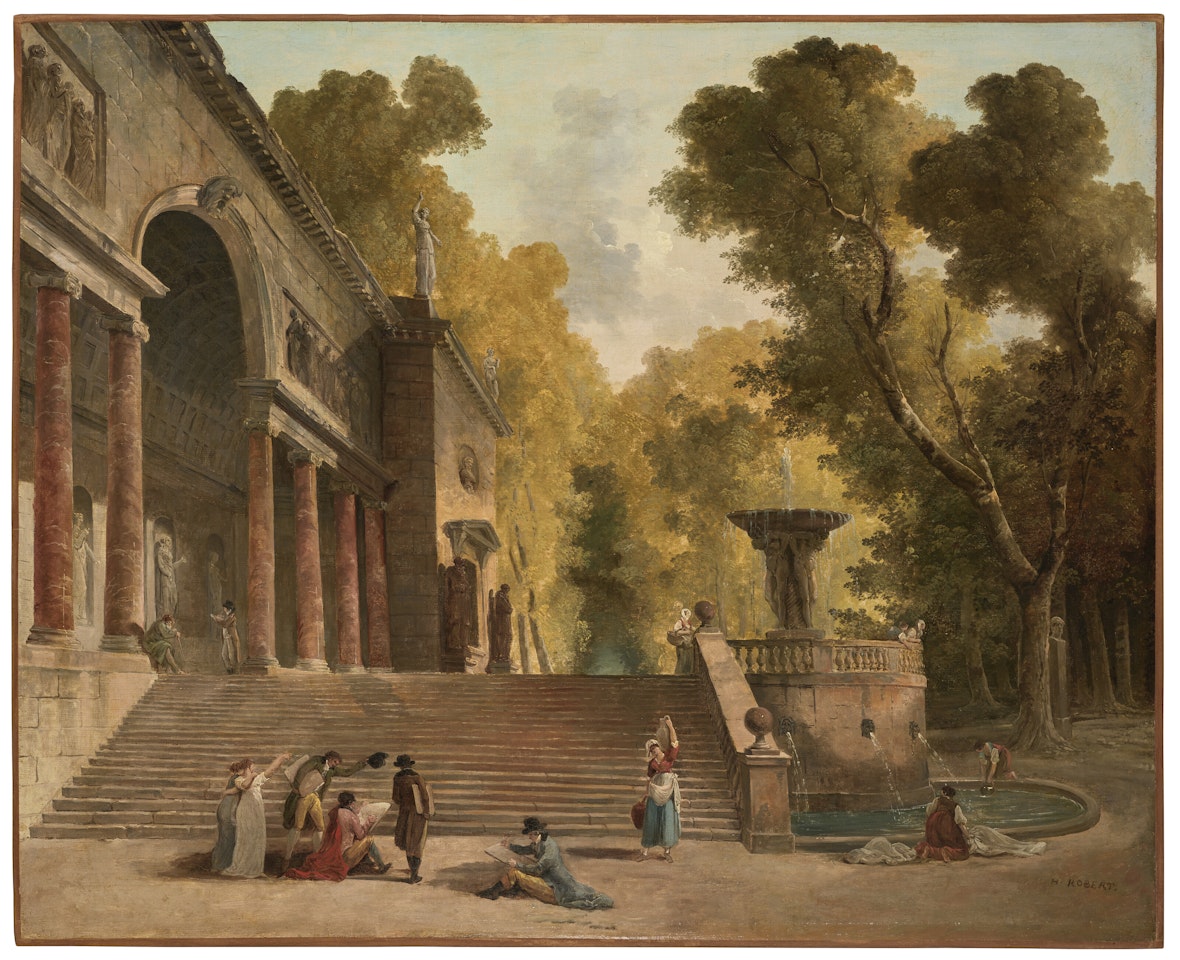 Vue inspirée de la façade orientale de la Villa Médicis avec des dessinateurs au premier plan by Hubert Robert
