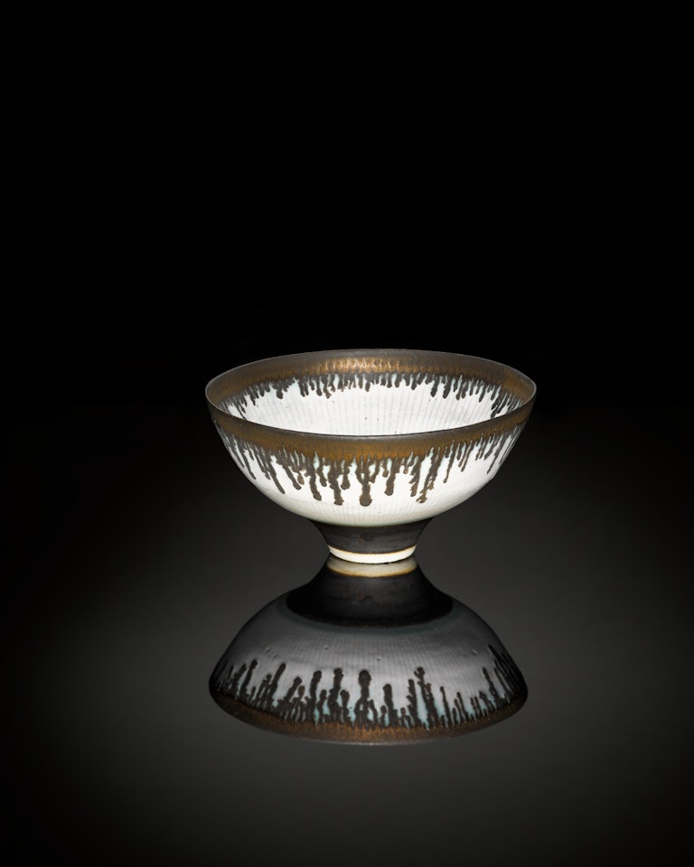 Pink and Green Footed Bowl by Lucie Rie