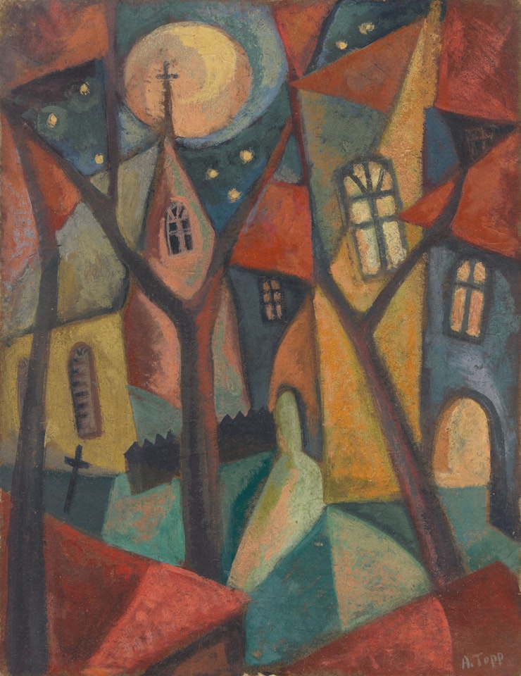 Nächtliche Stadt mit Kirche und Friedhof by Arnold Topp