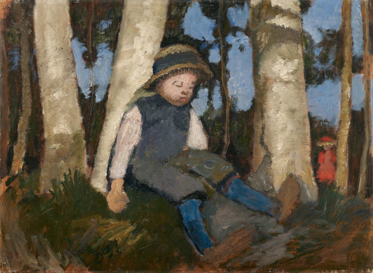 Sitzender Junge mit Strohhut unter Birken by Paula Modersohn-Becker