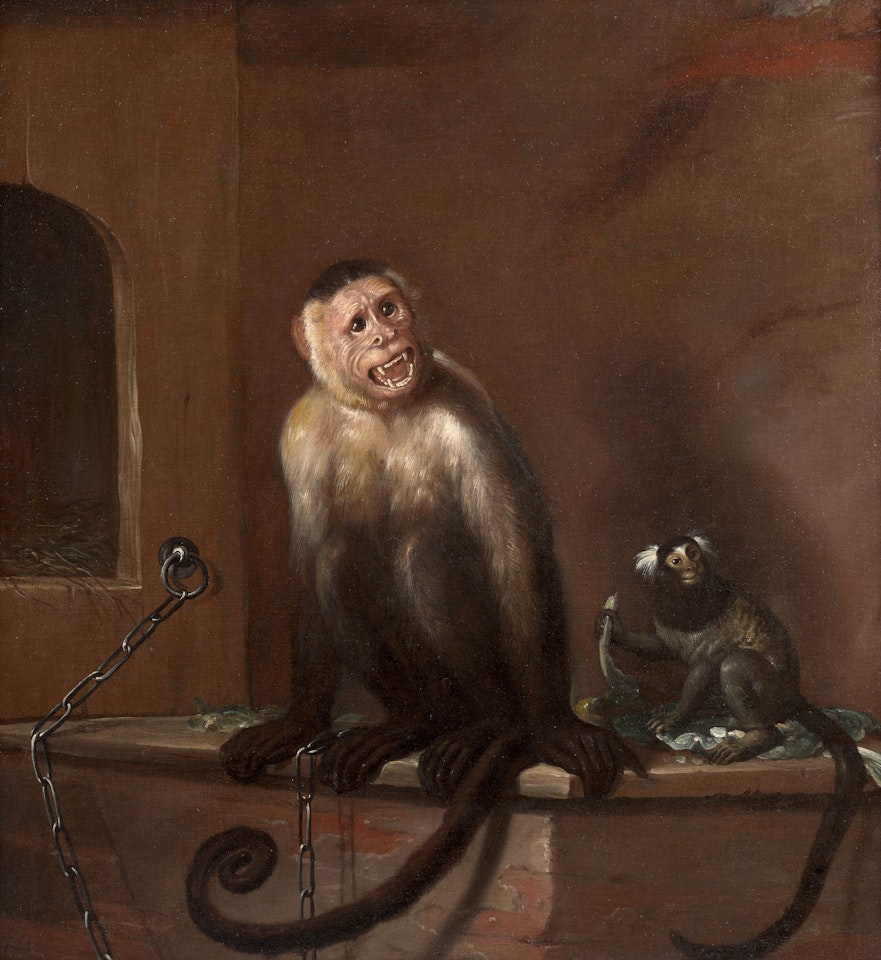 Two monkeys near their shelter by Flemish School