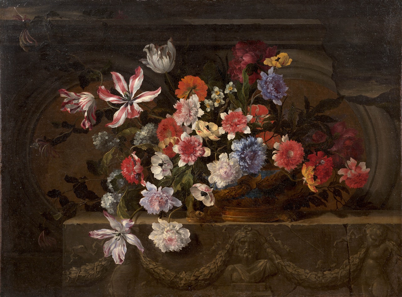 Still life with a gold-mounted lapis vase filled with single and double anemones, snowballs, daffodils by Jean Baptiste Monnoyer