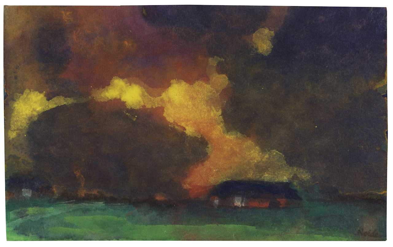 Marschlandschaft und Bauernhof unter hohem Himmel, Seebüll by Emil Nolde