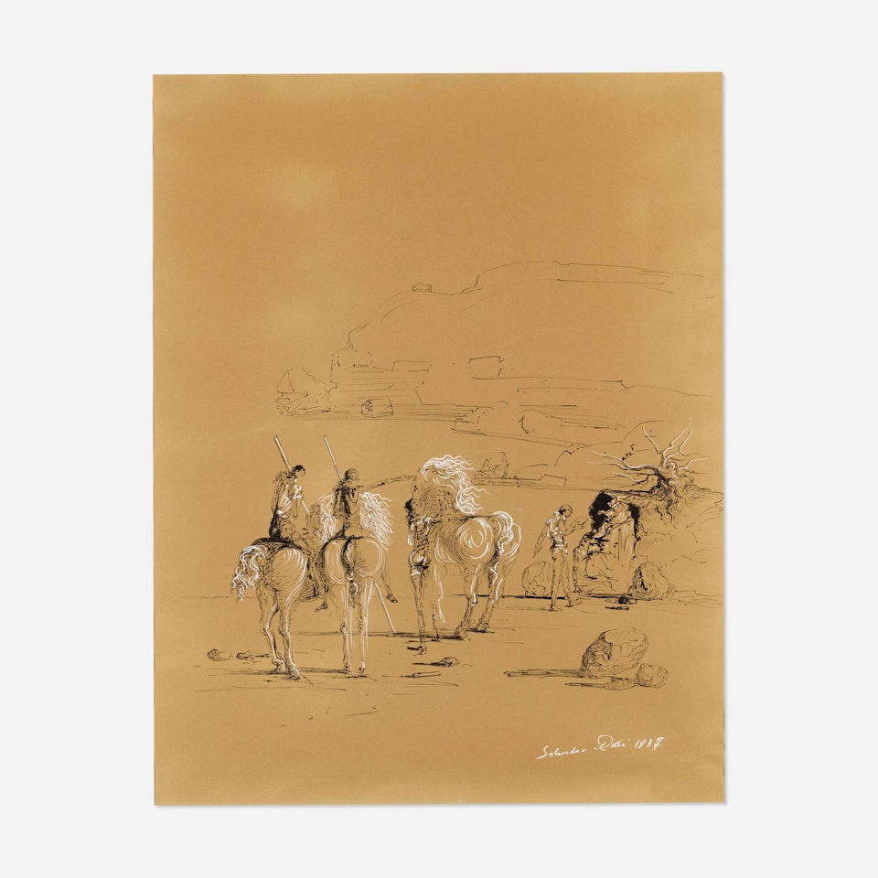 Cavaliers sur la plage (recto); Ésquisse d"un chevalier avec lance (verso) by Salvador Dali