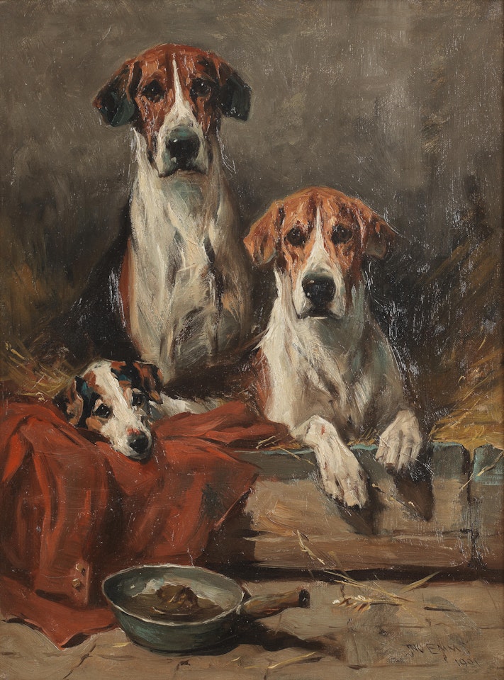 Foxhounds and a hunt terrier by John Emms