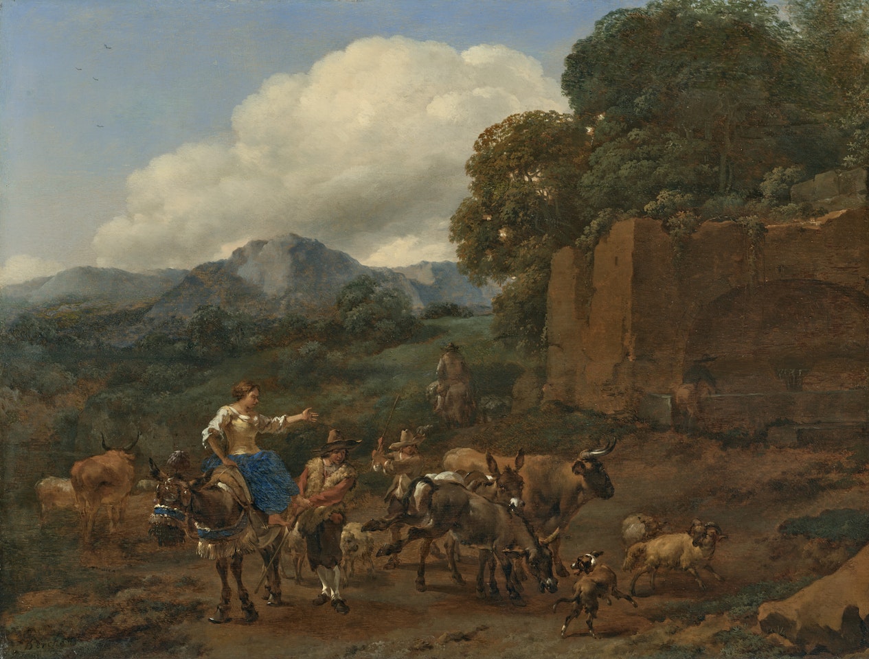 An Italianate landscape with a shepherdess on a mule and a shepherd, herding cattle, sheep, donkeys and dogs on a mountain track next to ruins by Nicolaes Pietersz Berchem
