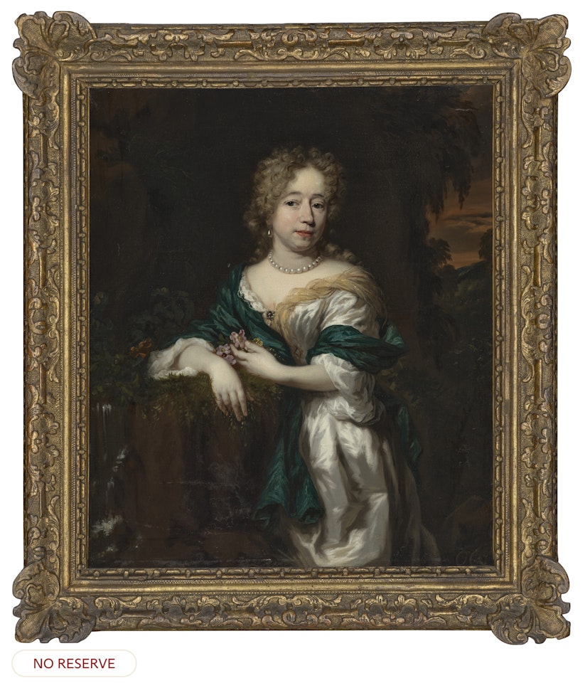 Portrait of a lady, three-quarter-length, in a white dress with blue shawl and pearl necklace, holding flowers, in a landscape by Nicolaes Maes
