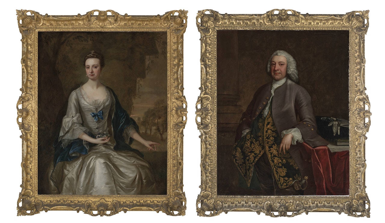Portrait of Sir Samuel Fludyer, 1st Bt. ( c . 1704-68), three-quarter-length, in a grey coat and embroidered waistcoat; and Portrait of Lady Caroline Fludyer, née Brudenell (d. 1801), three-quarter-length, in a silver dress and blue shawl by English School
