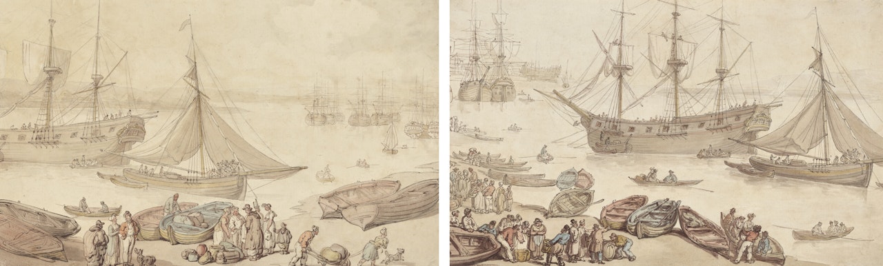 Tall ships at anchor, probably Portsmouth; and Loading the ships, probably at Portsmouth by Thomas Rowlandson