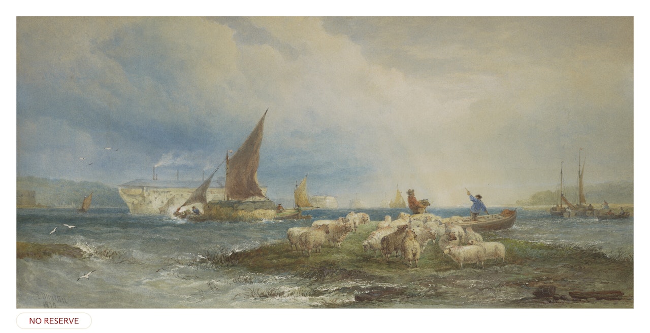 Ferrying sheep across the Medway, Kent by Edward Duncan