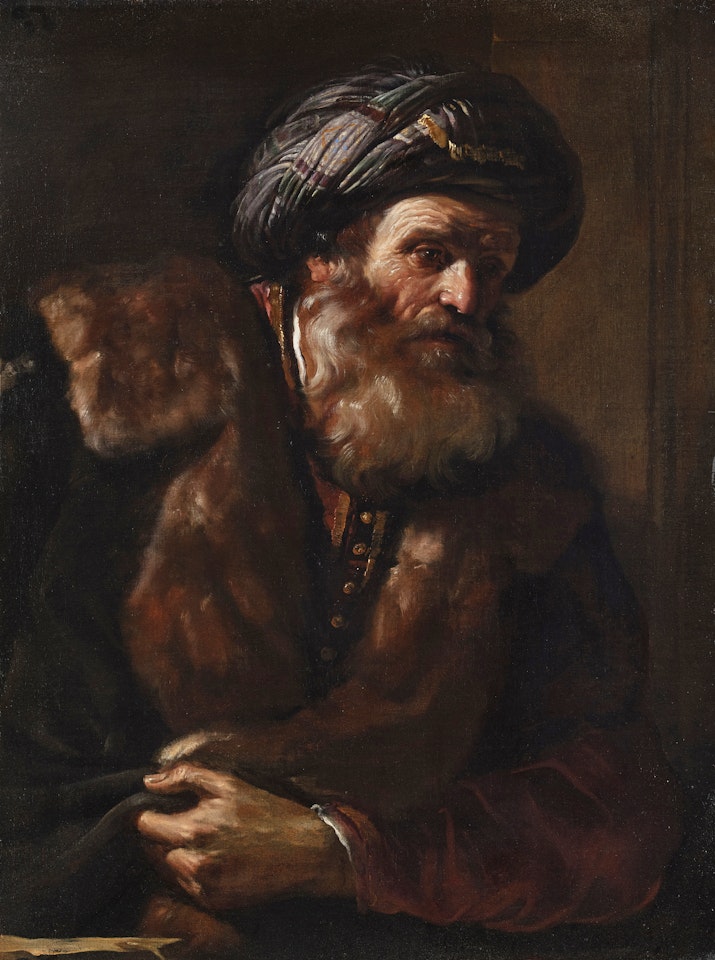 An old man wearing a turban and a fur-lined coat, by Guercino