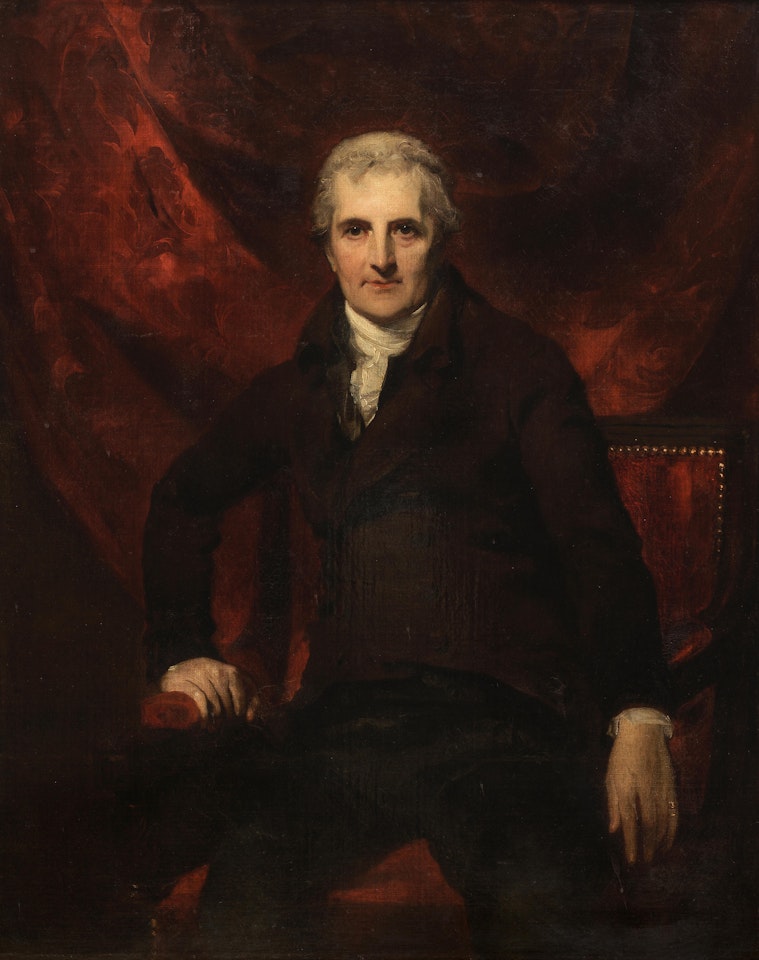 Portrait of George Griffin Stonestreet, three-quarter-length, seated, in a brown coat and white cravat, a red brocade curtain behind by Sir Thomas Lawrence