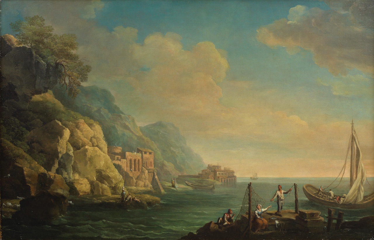 A Mediterranean coastal landscape with fishermen mending their nets; and A Mediterranean coastal landscape with fishermen resting on rocks beside a river mouth as dusk approaches by Carlo Bonavia