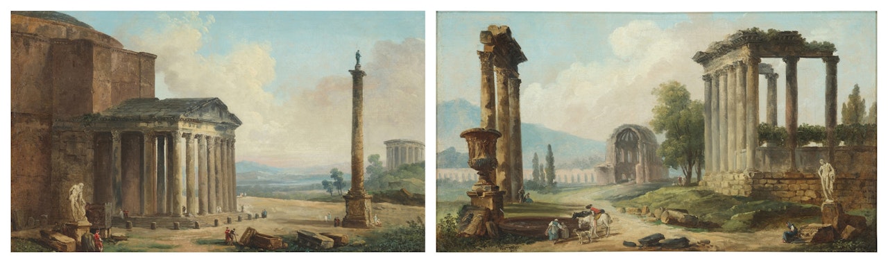 Architectural capriccio with the Pantheon, Trajan"s column and the temple of Vesta; Architectural capriccio with the three columns of the Temple of the Dioscuri and Saturn by Hubert Robert