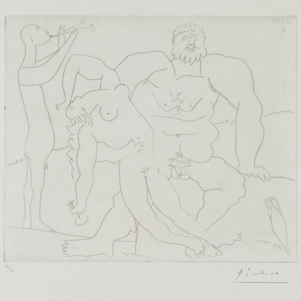 Homme nu avec femme ivre et jeune flûtiste (Bloch 773) by Pablo Picasso