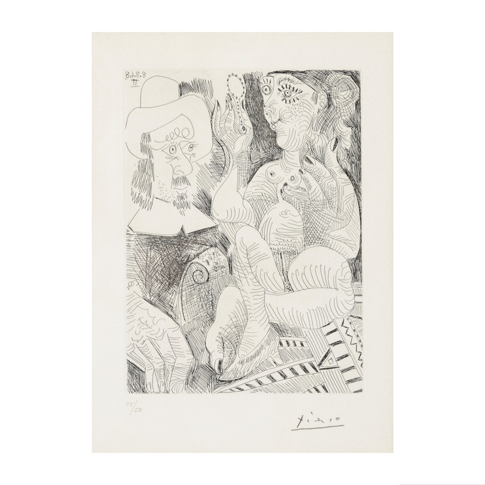 Femme à sa Toilette et Homme au Chapeau Rembranesque; Planche 258, de la suite 347 by Pablo Picasso