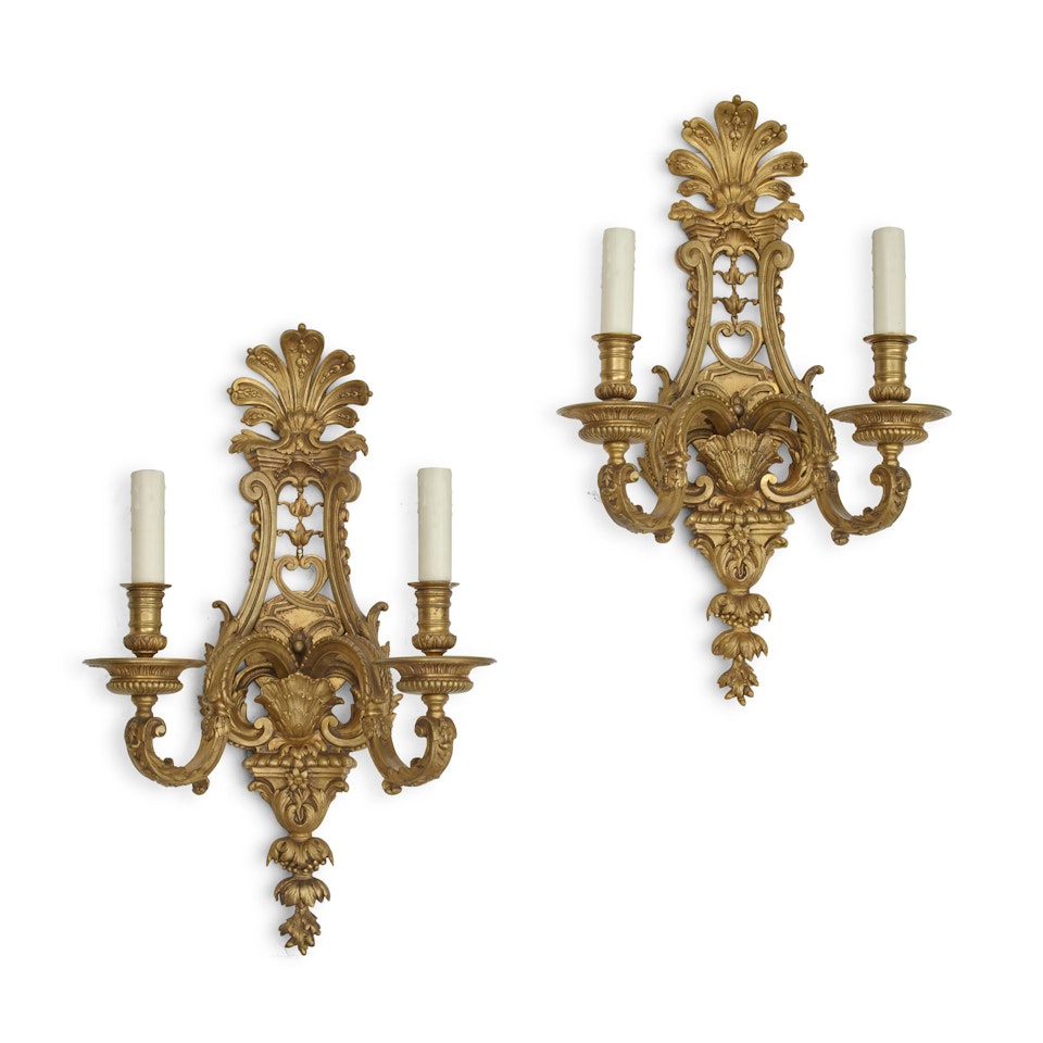 A PAIR OF BAROQUE STYLE GILT BRONZE TWO-LIGHT SCONCES by Unknown (Baroque style)