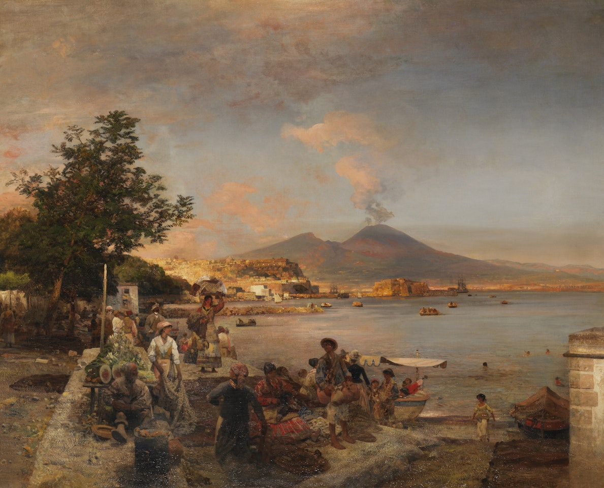 Marktszene bei Neapel mit Blick auf den Vesuv by Oswald Achenbach