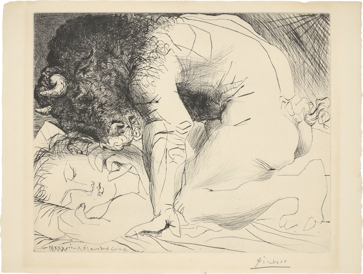 ”Minotaure caressant du mufle la main d"une dormeuse” by Pablo Picasso