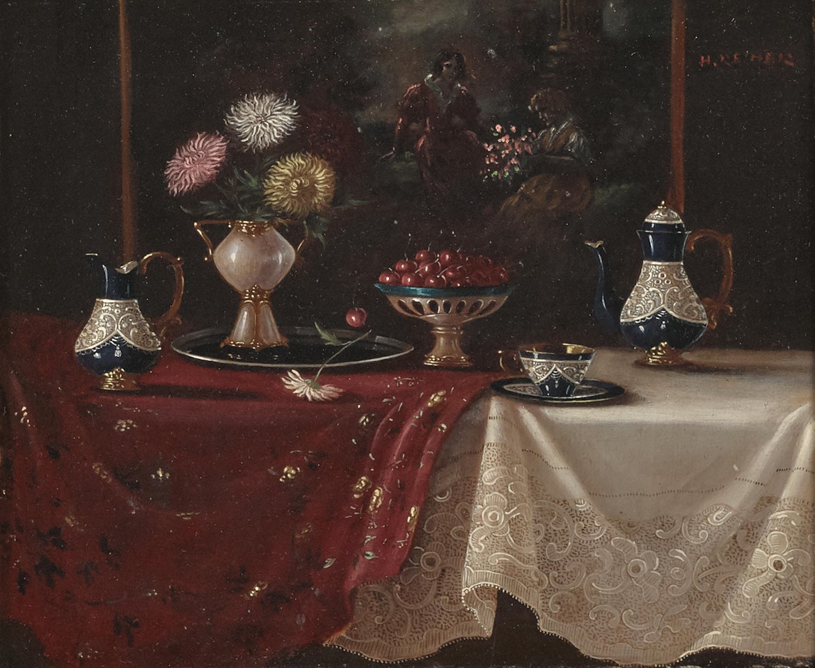 Elegant tables set for tea (a pair) by Continental School
