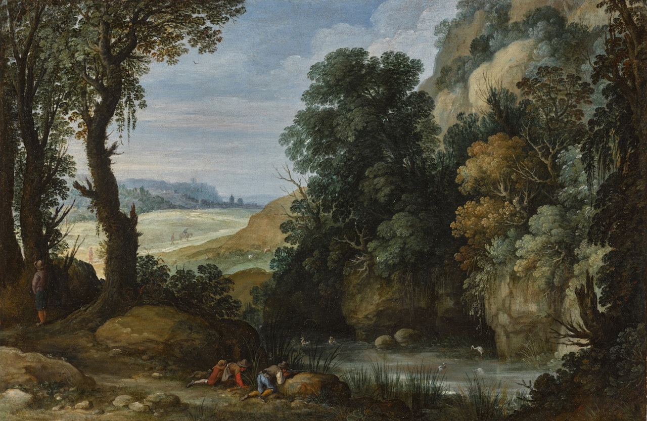 Figures hunting duck beside a stretch of water, a village in the distance by Paul Bril