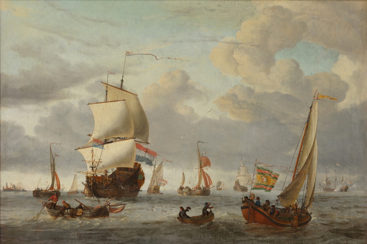 The roads of Enkhuizen on a breezy day, with a man o"war, a ‘boeier" yacht, a ‘kaag", a ‘wijdschip" and other vessels by Abraham Storck