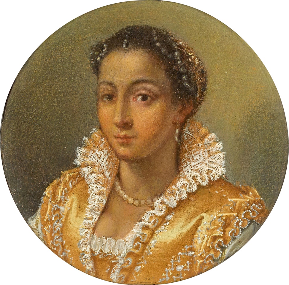 Portrait of a lady, bust-length, in a yellow silk dress with a lace collar, wearing a pearl necklace and pearls in her hair by Lavinia Fontana