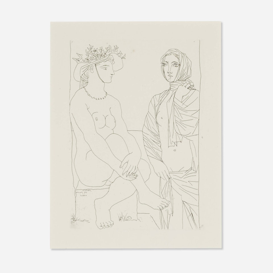 Au bain, femme au chapeau à fleurs et femme drapée dans une serviette (from La Suite Vollard) by Pablo Picasso