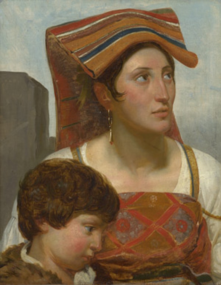 Young woman in the traditional costume of Albano Laziale with her boy by Italian School