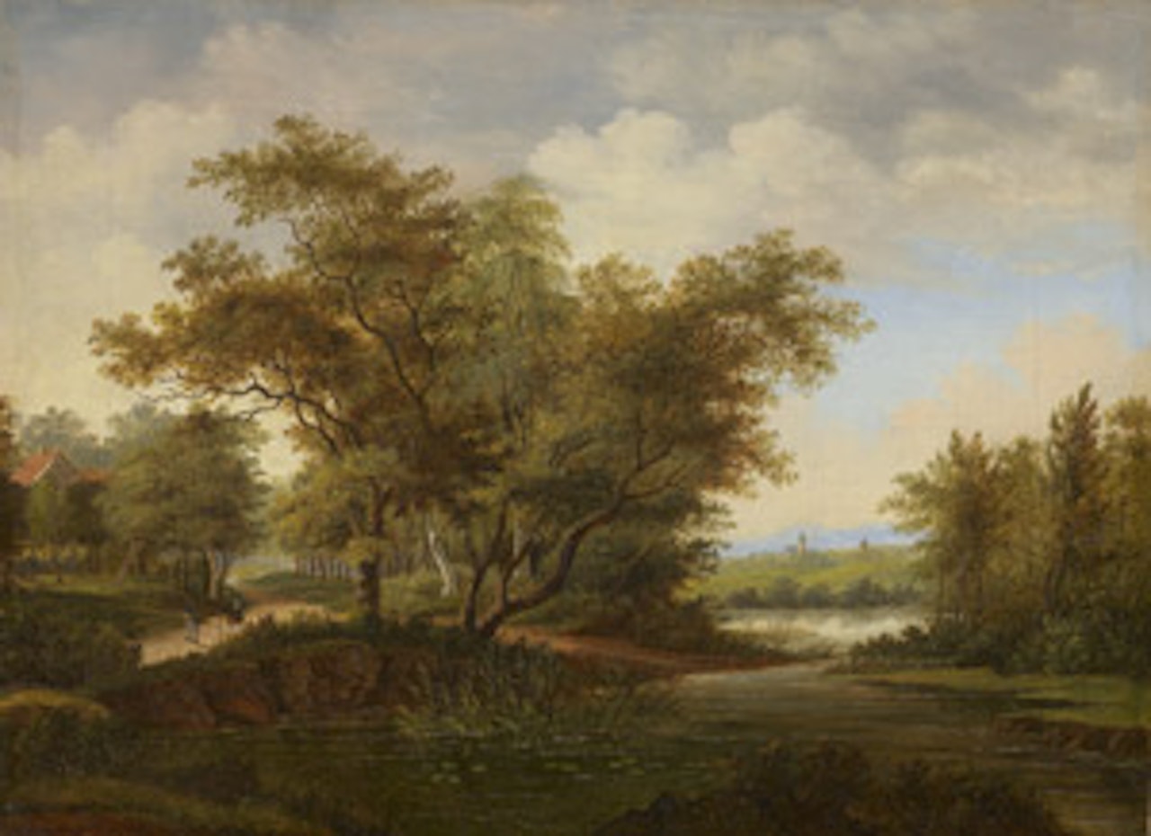 Summer river landscape with two hikers by German School