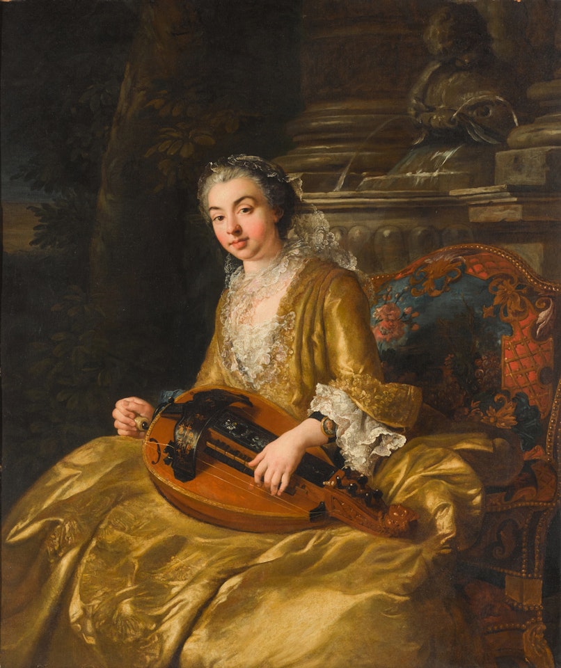 Portrait of a lady, three-quarter-length, in a gold dress, seated in a ‘fauteuil" before a fountain, playing a lacquered hurdy-gurdy, a landscape beyond by Jean François de Troy