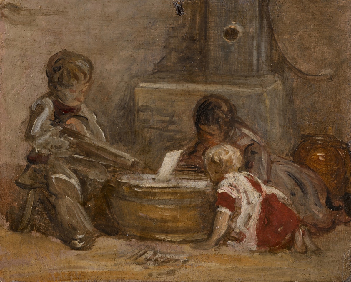 A study of the artist"s children playing with a toy boat by John Constable