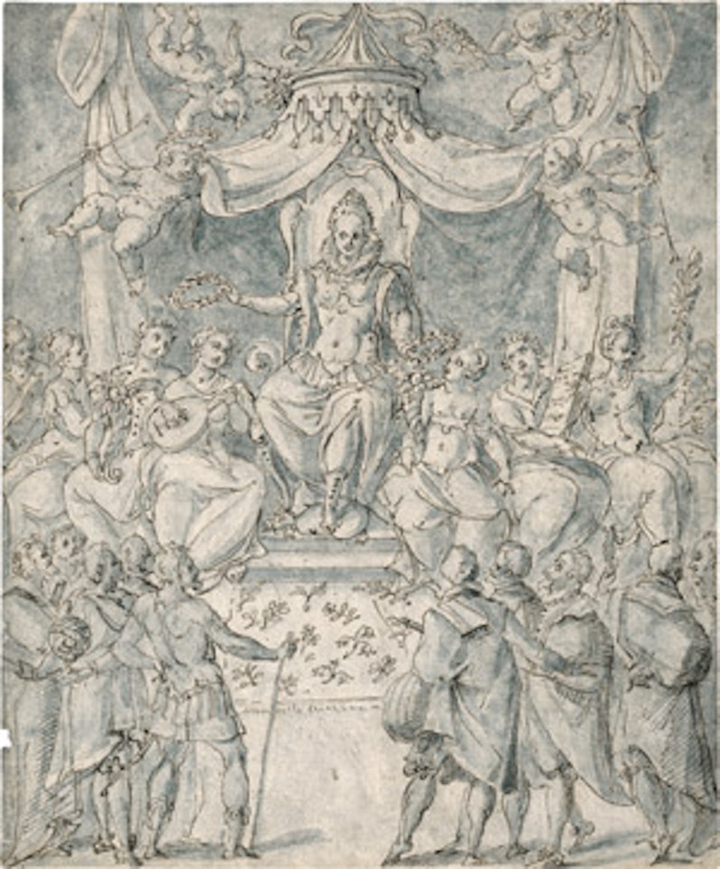 Allegorical representation with a queen distributing laurel wreaths by French School
