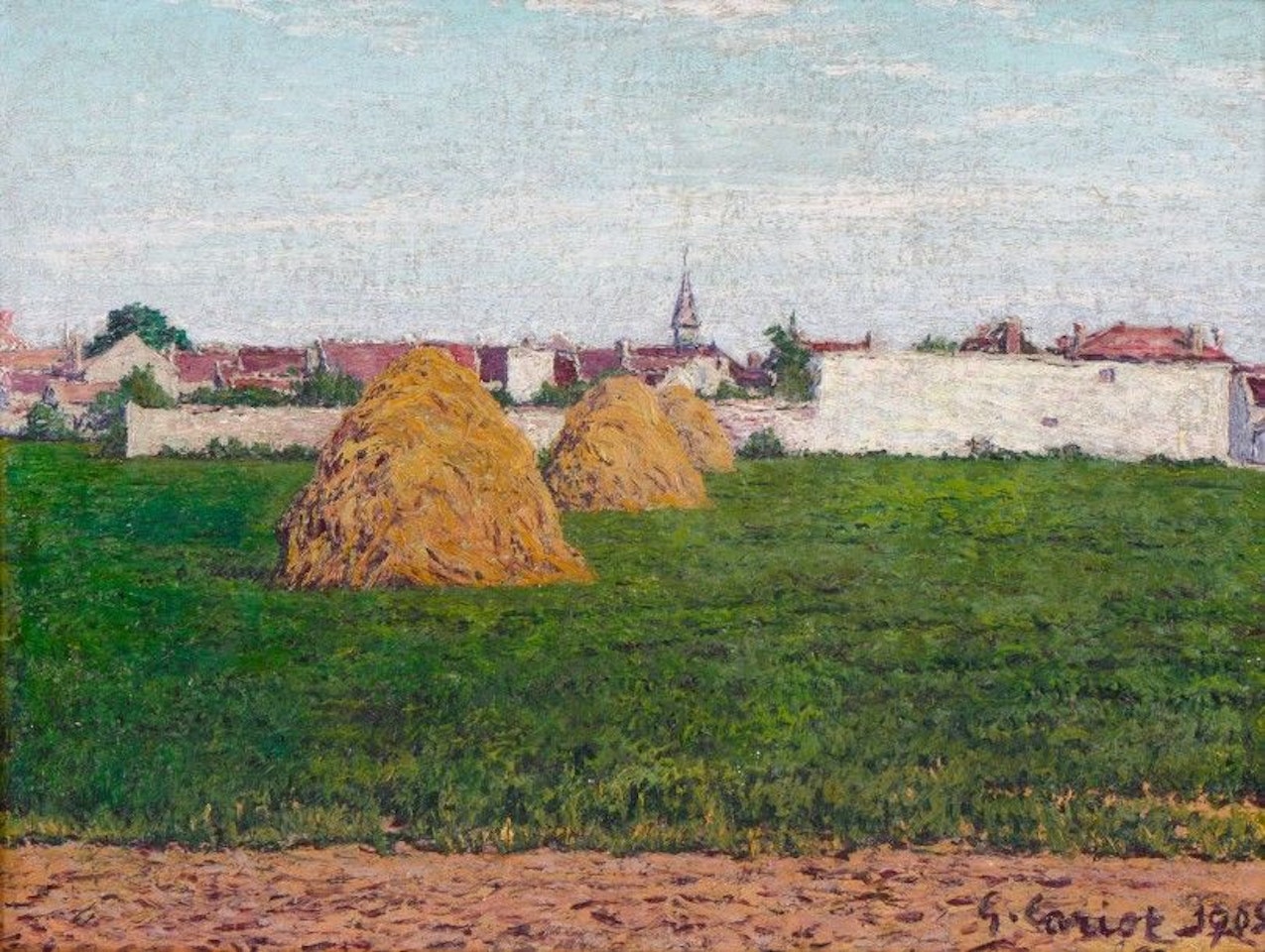Haystacks in front of the village of Périgny by Gustave Cariot