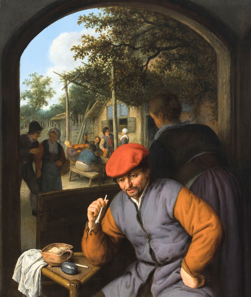 A seated man smoking a pipe, with a maid by Adriaen van Ostade