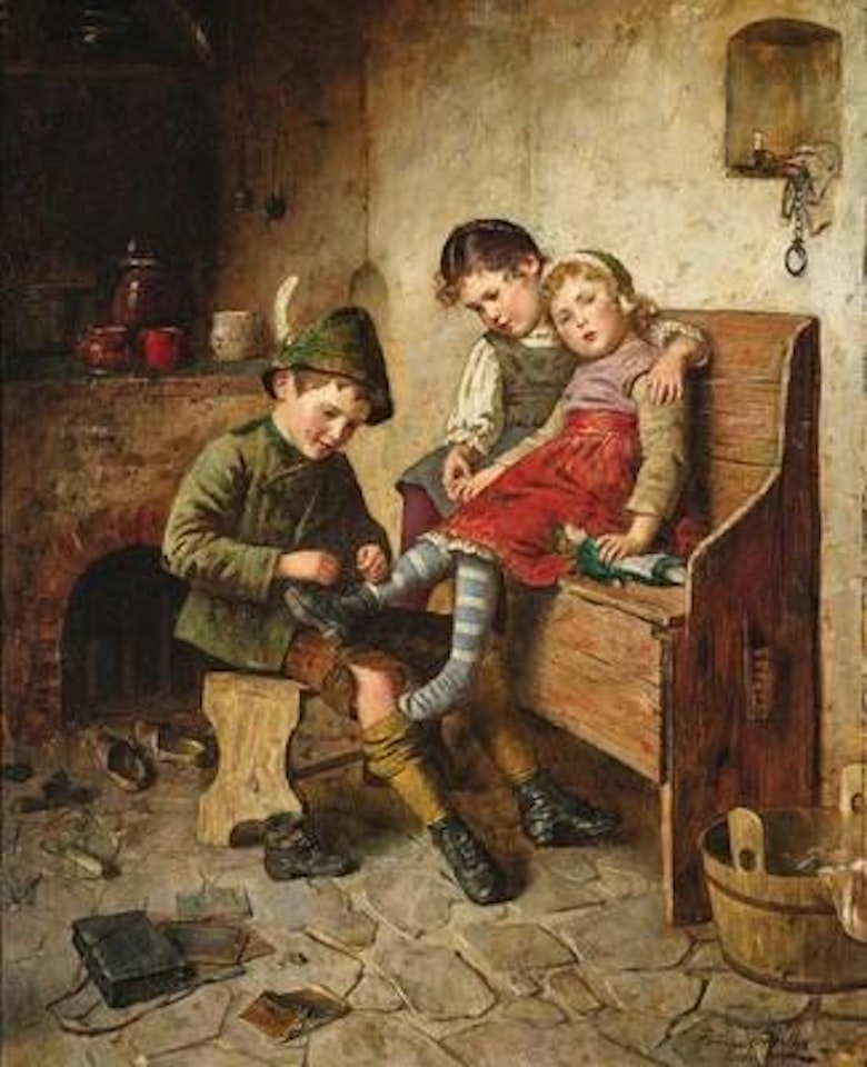 The Big Brother Tying his sisters Shoes by Edmund Adler